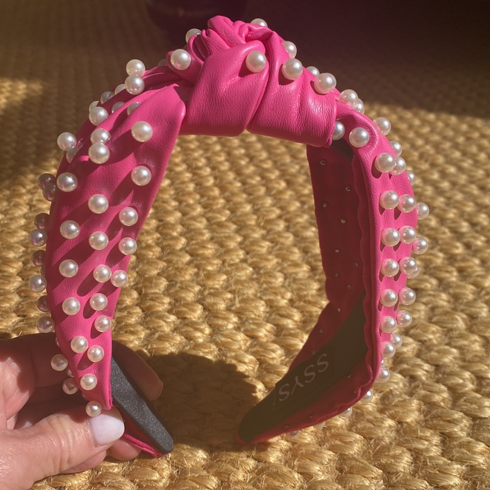 NWT SSYS Pink Faux Leather with White  Pearls Knotted Headband
